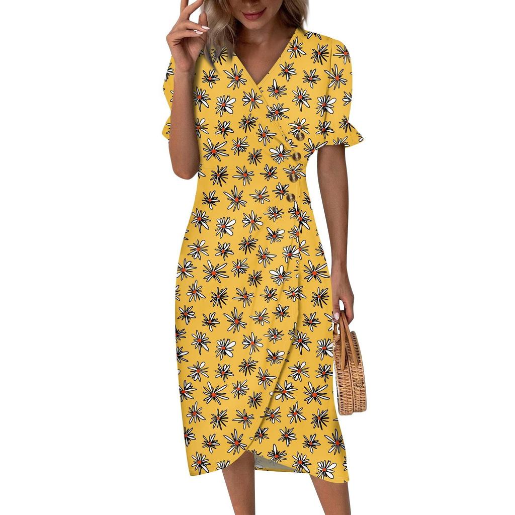 Women's V-neck Puff Sleeve Irregular Flower Print Hem Dress