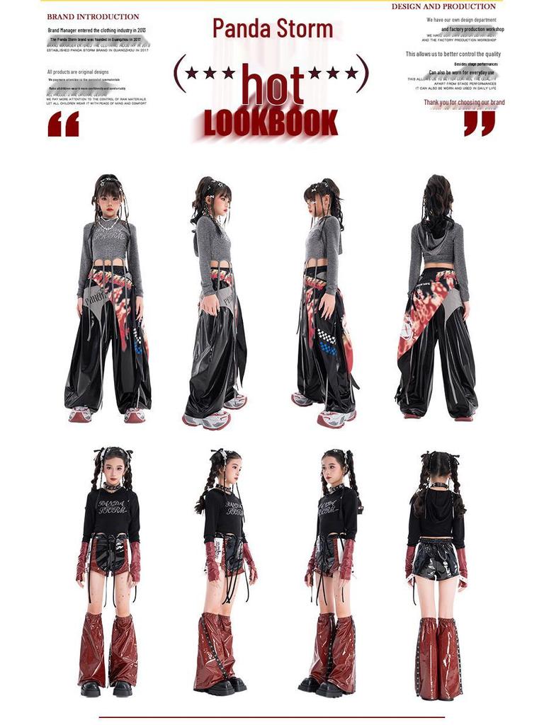 Dziewczęcy strój do tańca jazzowego z cyrkoniami - Zestaw koszulki z długim rękawem i spodni do tańca ulicznego i na występy