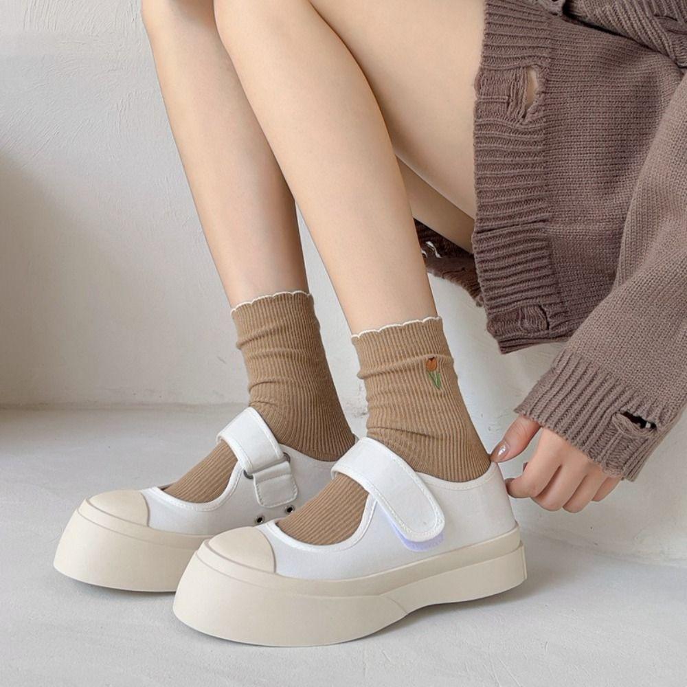 5pairs Crew Length Mid Tube Socks Tulip Floral Embroidery Ruffle Socking  Autumn Winter