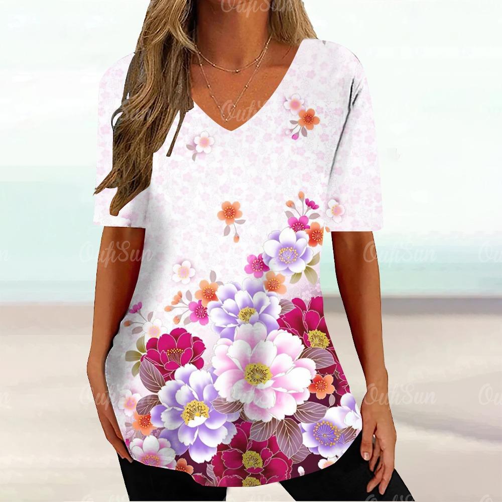 Floral Ladies V-Neck T-Shirt Summer Outdoor Fashion Short Sleeve Top 3D Printing OverSize Ladies Clothing Casual T-Shirt