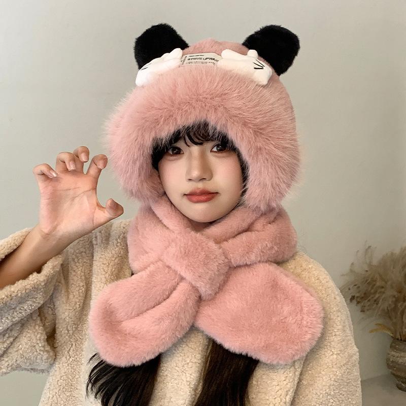 Women's Cozy Fox Ear Plush Hat with Integrated Scarf - Warm, Soft Lei Feng Design for Autumn and Winter. Perfect Ear Protection for Students.
