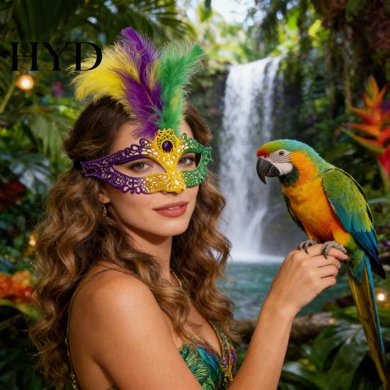 Lace And Bead Masque Masquerade Carnival for Women Mardi Gras Purple Green Yellow Feathered Feather Prom Ball Wedding Halloween Party Favors Vibrant