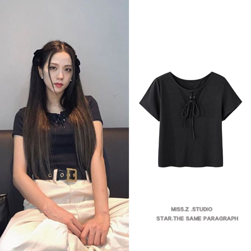 

Ким Джи-Су Тот же стиль Французский Миноритарный Слим Похудение и Короткая Элегантная Футболка с Коротким Рукавом Женские Топы 2025 Лето Новое Поступление Black L