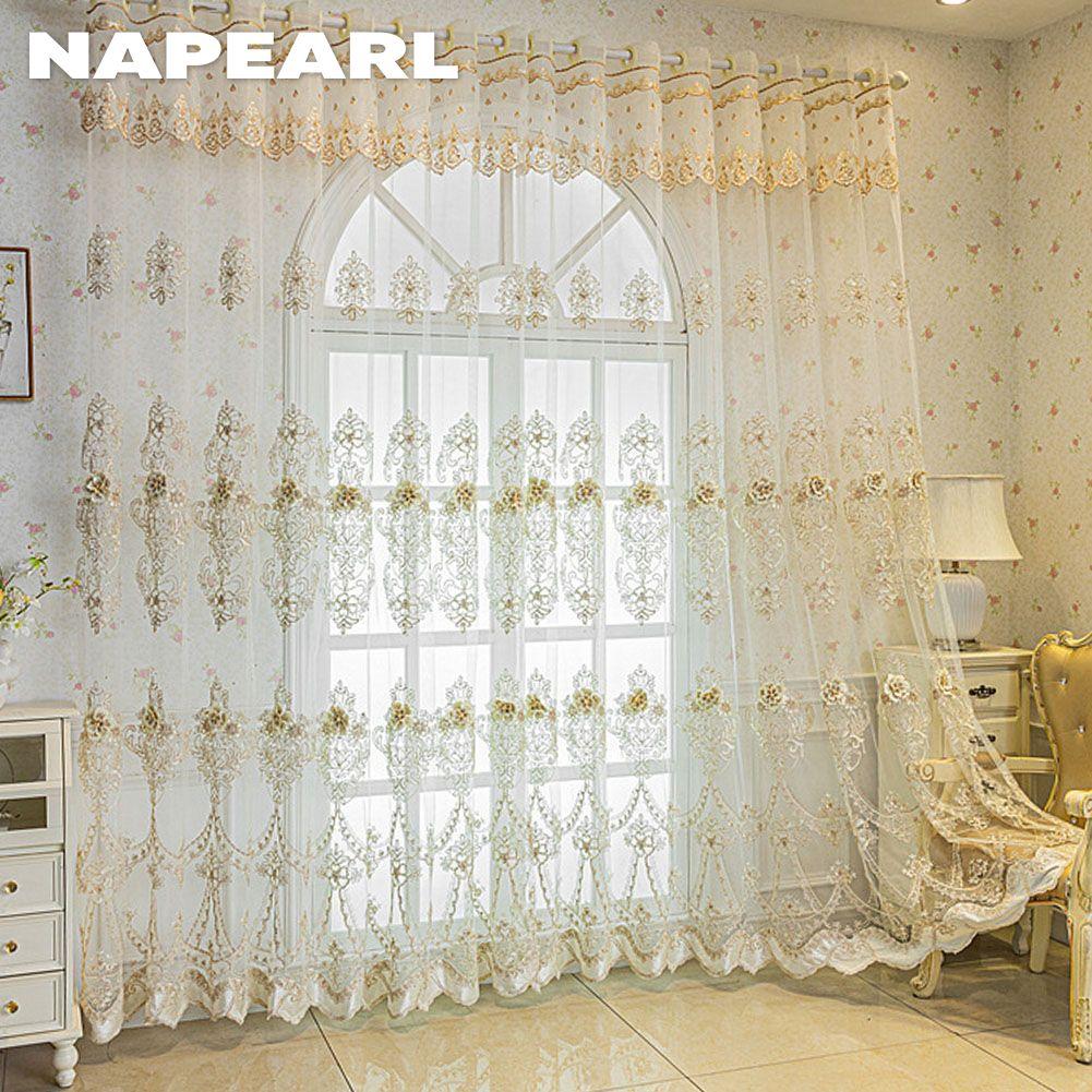1 ks NAPEARL Luxusný priehľadný tyl s trojrozmernou výšivkou v európskom štýle pre dekoráciu okien obývacej izby, spálne, bytový dekor