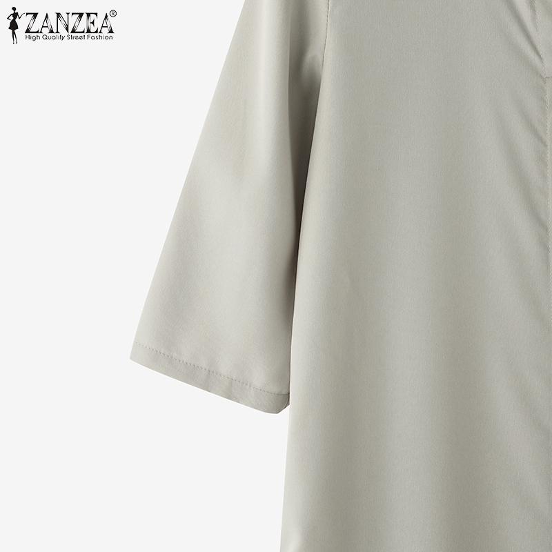 ZANZEA Women Casual Turn Down Collar Solid Color 3/4 Sleeve Shirt Dress