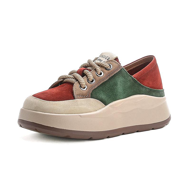 Women s Spring and Autumn New Leather British Style Round Head Color blocked Casual Board Shoes 35