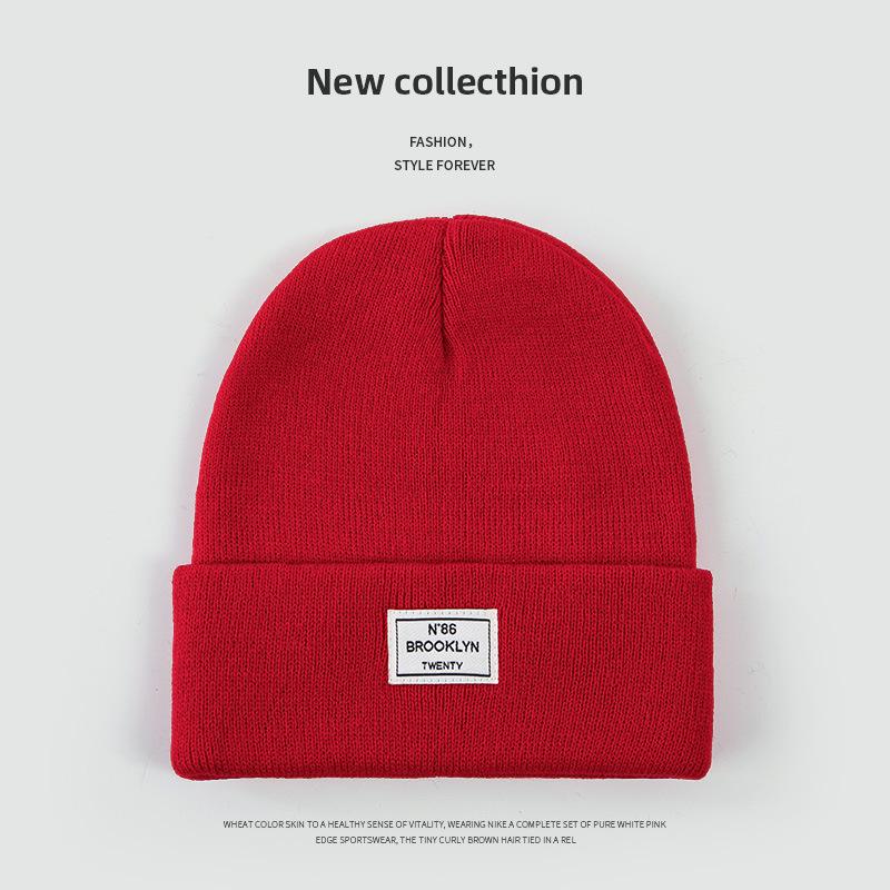 Autumn and Winter Knitted Hat Niche Personality Fashion Melon Rind Wool Hat Warm Protection Amount Simple Letter Cloth Label Cold Hat