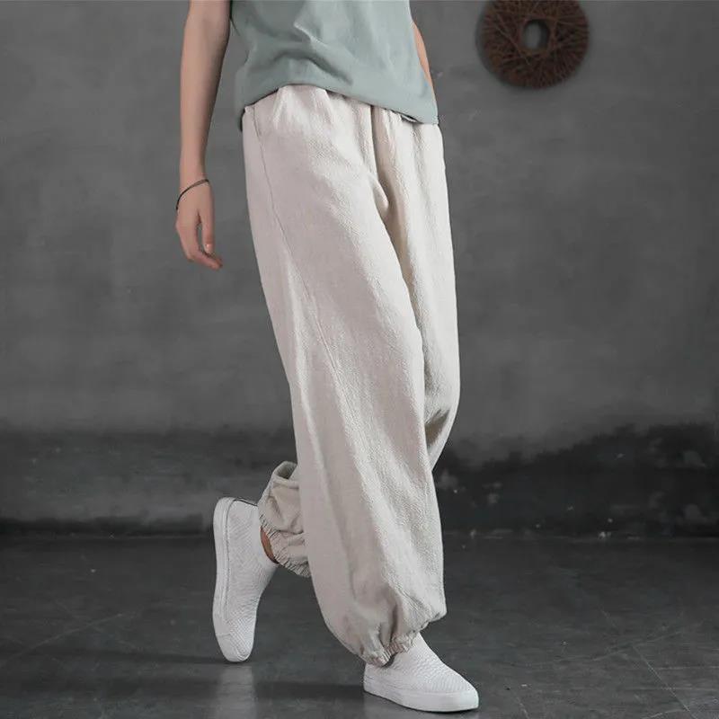 Summer Cotton Linen Literary Vintage Ankle Tie Pants Women's Loose Solid Color Versatile Casual Lantern Long Pants