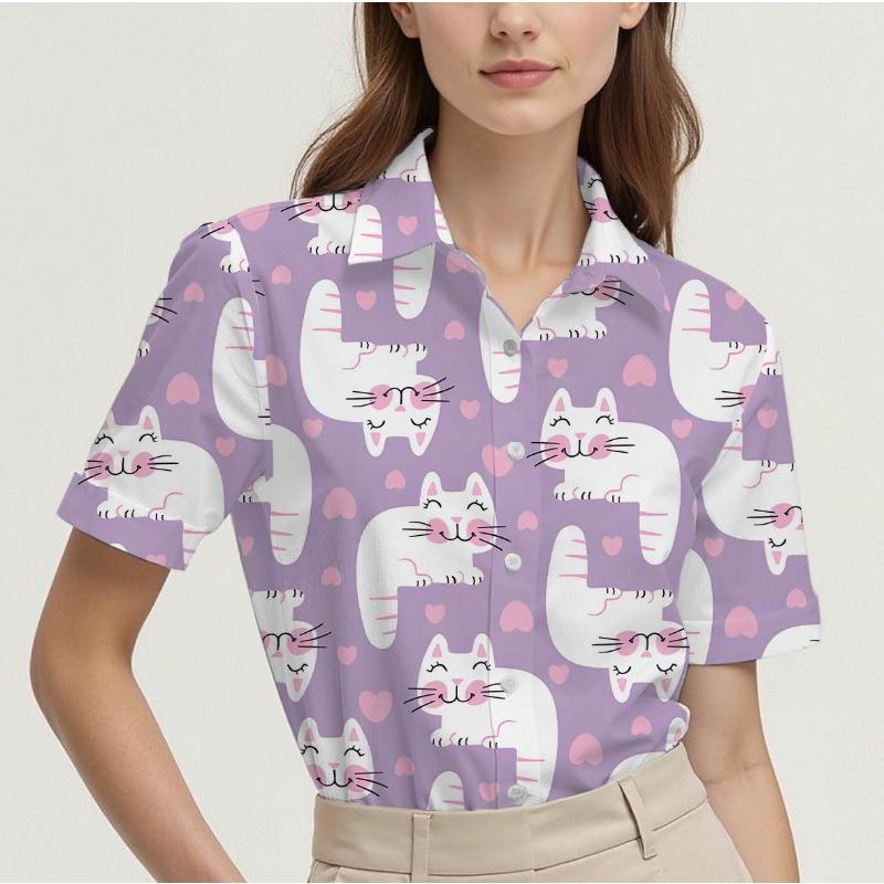 

Short-sleeved summer shirt for women with cat pattern design, breathable and suitable for everyday wear, fashionable and casual XL
