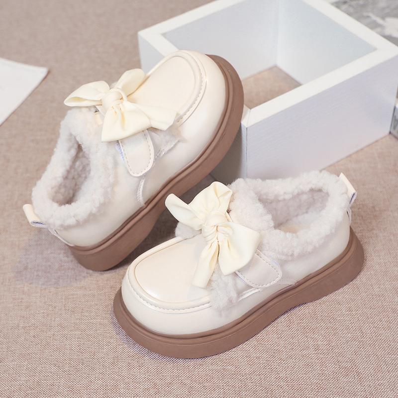 Princess Style Leather Shoes  New Winter Girls Plush Lining Dress Shoes Soft Sole Non-slip Classic School Mary Jane Flats