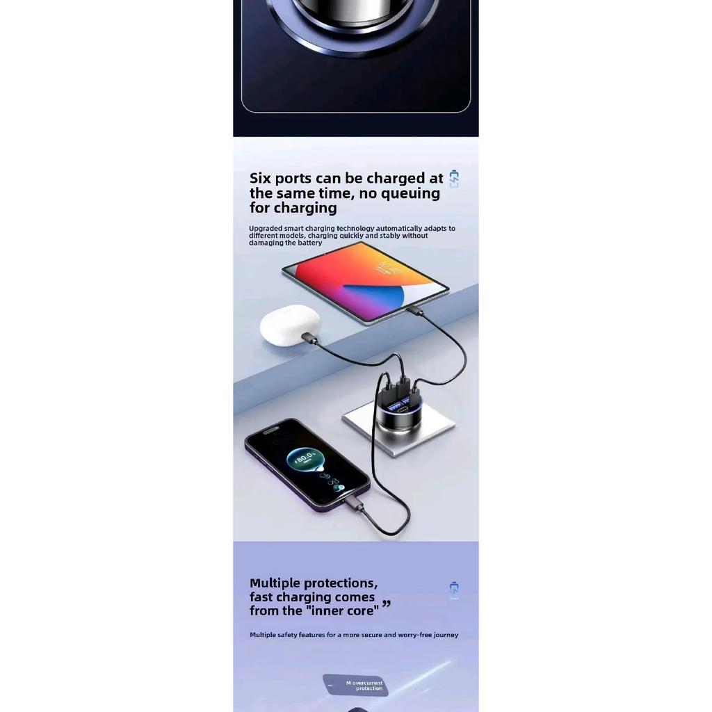 Fast Car Charger 6USB Ports Digital Display LED Cigarette Lighter Adapter Multi-Port Quick Charge For iPhone Samsung Xiaomi