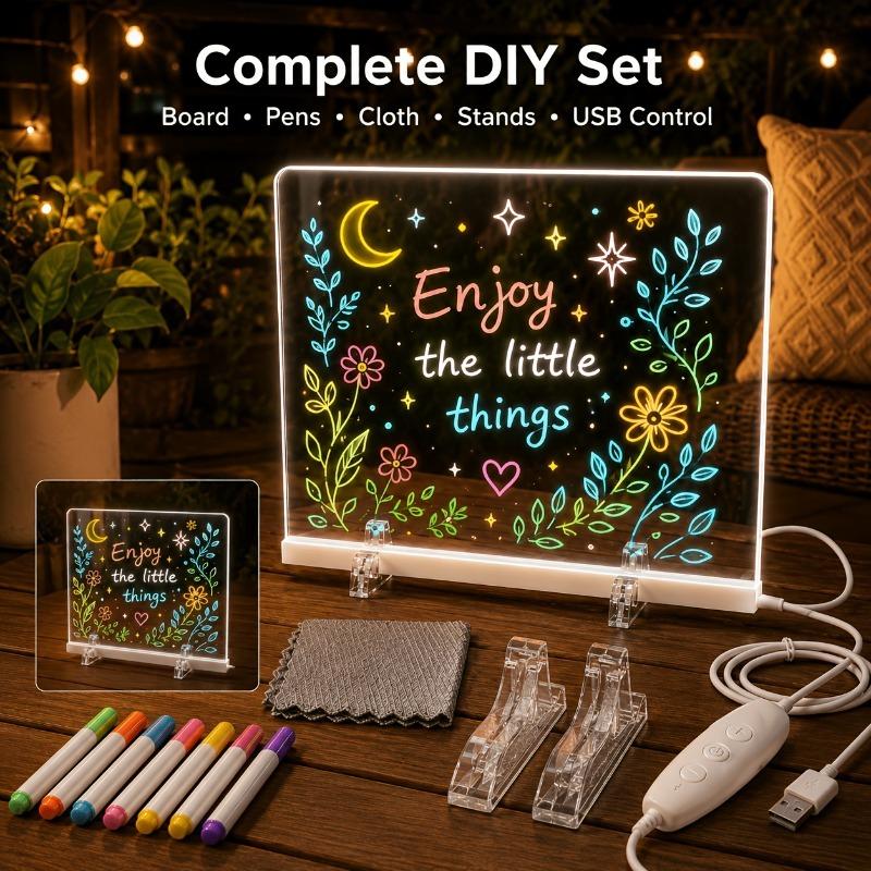 DIY Rewritable Glowing Acrylic Message Board Lamp, Light Up Drawing Board for Kids, Comes with 7 Vibrant Color Marker Pens