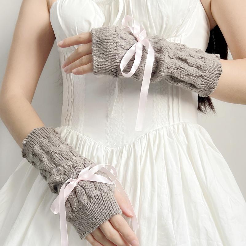 2025 New Women Winter Warm Half Cut Gloves Sweet Bow Student Yarn Knitted Touch Screen Exposed Finger Sleeves