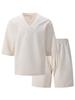 Men's V-neck Jacquard Casual Shirt & Shorts Set - Solid Color, Short-sleeve, Versatile