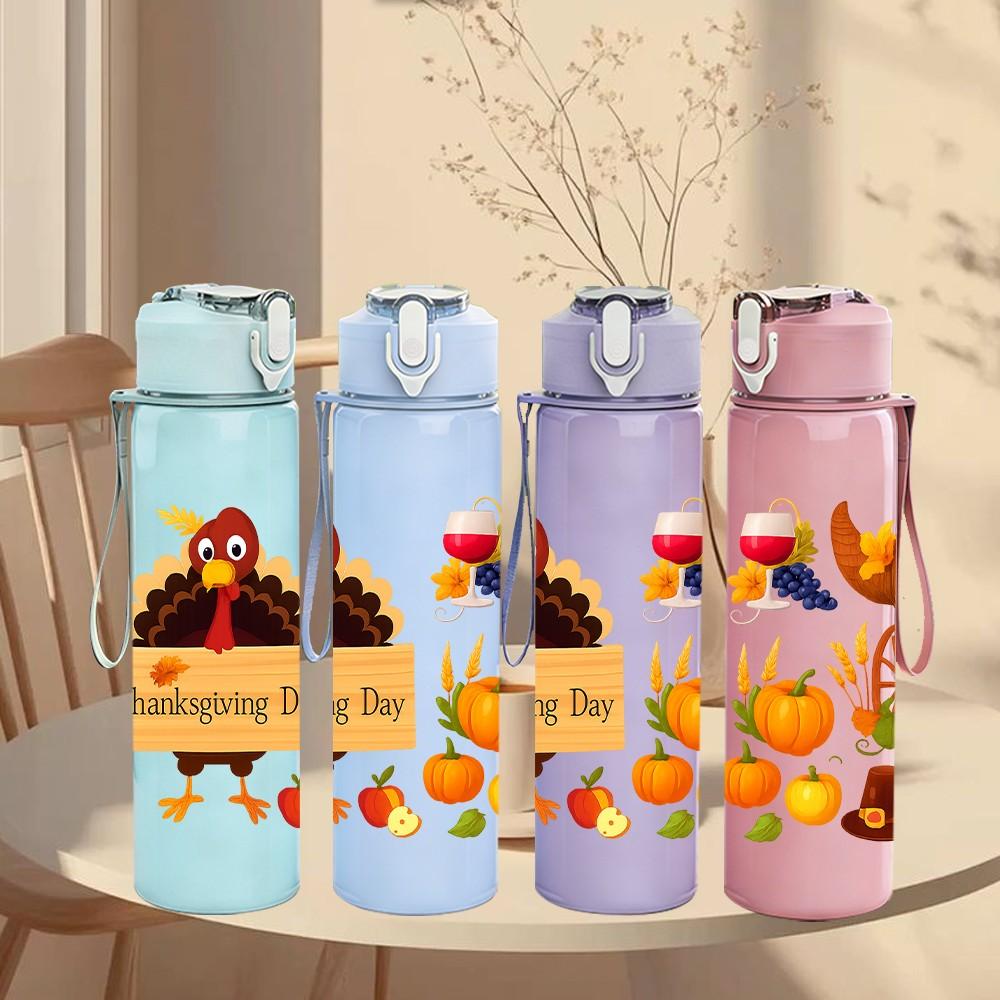 1PC Thanksgiving Turkey Harvest Pattern 750ml Color Plastic Sports Water Bottle Leakproof Flip Straw Lid Suitable for Sports Office Home Use