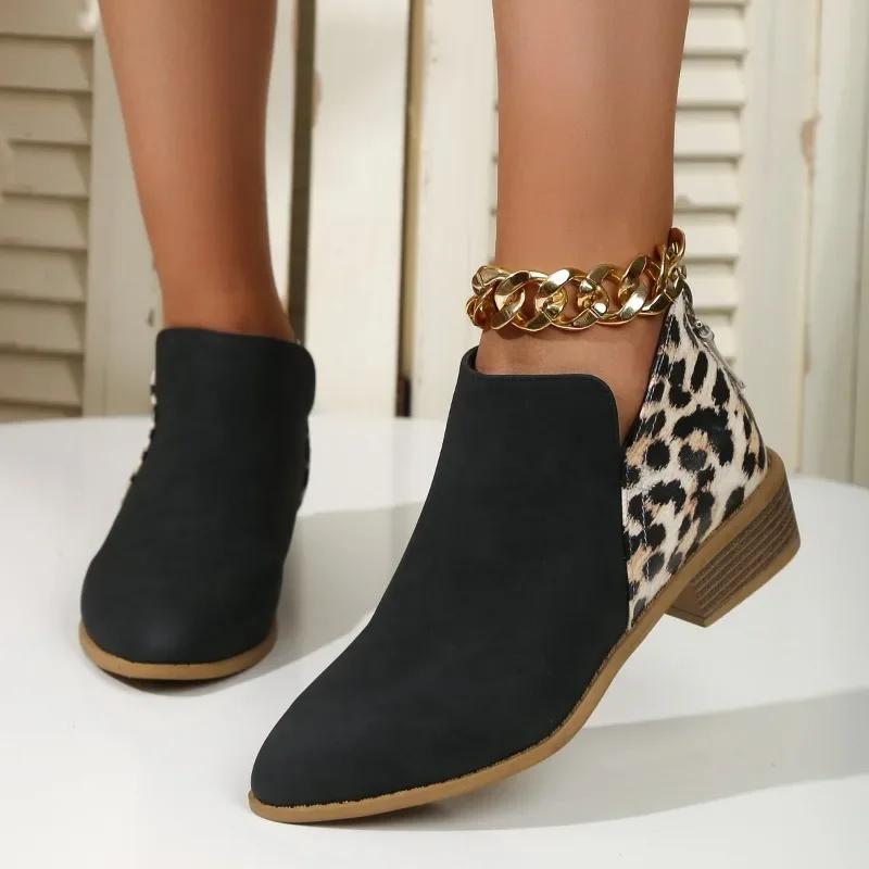 New Patchwork Leopard Ankle Boots Women Back Zipper Low Heels Short Boots Woman Autumn Pointed Toe Booties Plus Size