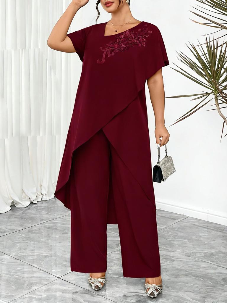 European and American cross-border plus-size women's 2026 summer fashion print irregular mid-length top wide-leg pants two-piece set