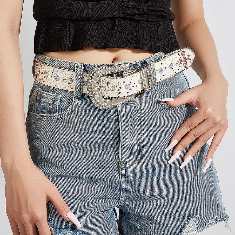Shiny Retro Y2k Belt Gradient Pink Jeans Waistband Adjustable Rhinestone Waistband  Lady
