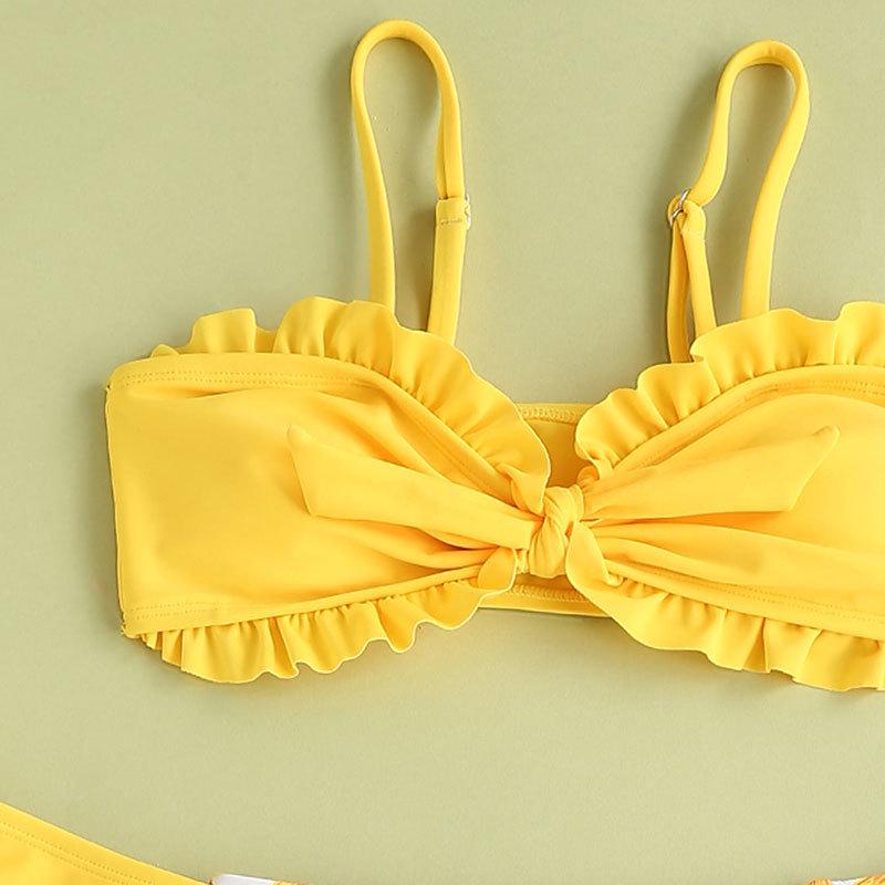 2025 Girls' Solid Color Flounce Three-Piece Swimsuit with Mesh Skirt