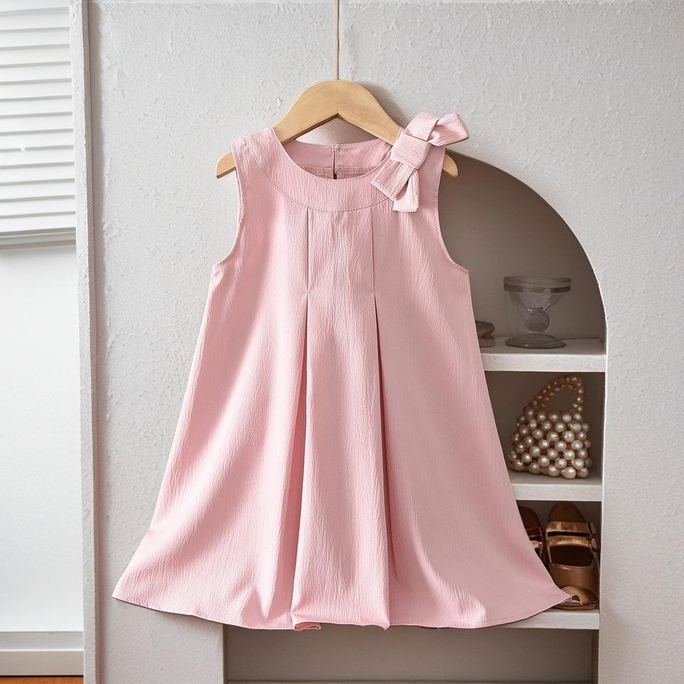 Girls Summer Sweet Bow Sleeveless Dress Cute Princess Vest Dress For Kids Children Casual Party Wear 130cm розовый