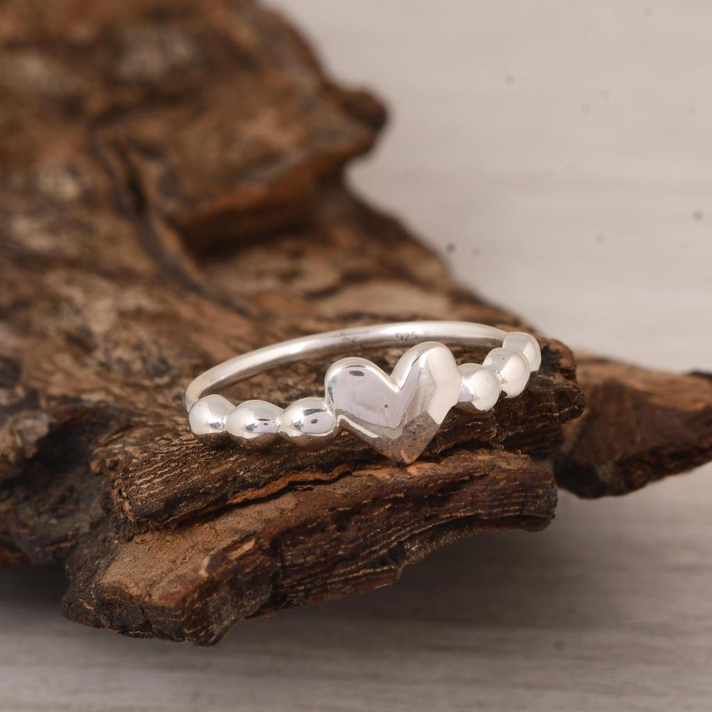 Dainty Sterling Silver Heart Band Ring, Minimalist Puffy Heart Silver Ring.