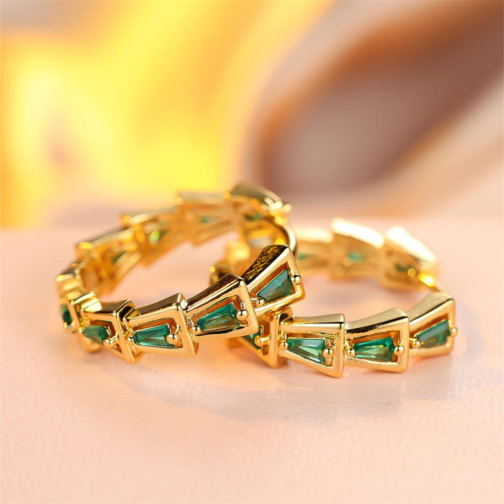 Geometric Stone Green Crystal Round Hoop Earrings For Women Vintage Gold Color Ear Buckle Wedding Jewelry Bridal Engagement Gift