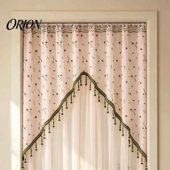 Romantic Home Decor for Living Room Sheer Floral Door Curtain with Beads, Lace Embroidered Gauze Double Layer Divider, Rod Pocket Doorway Bedroom
