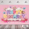 2D Flat Sweet Candy Birthday Banner Pink Background with 3D Letters, Cupcakes & Lollipops