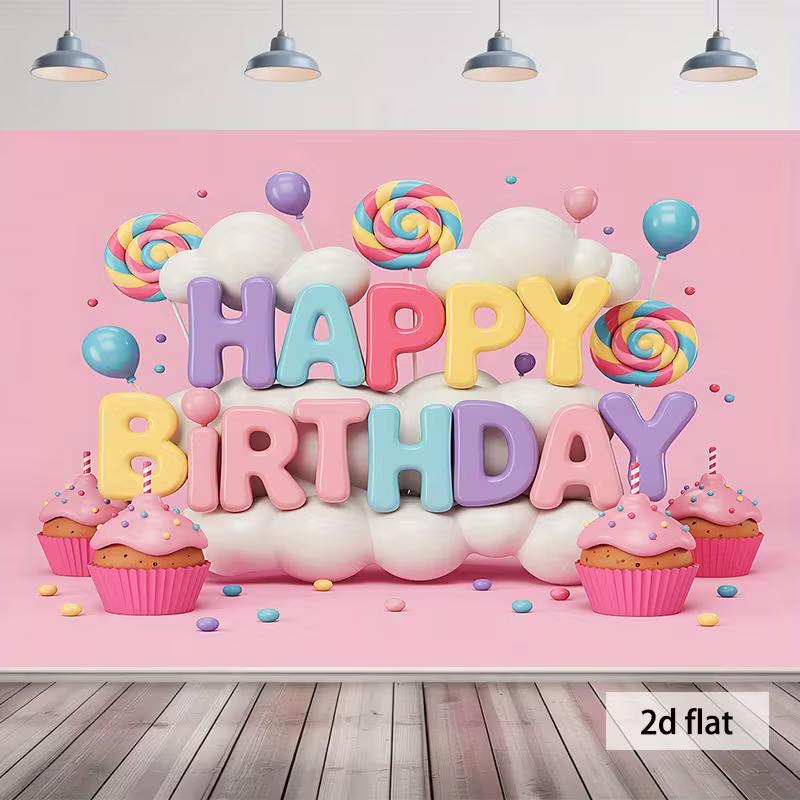 2D Flat Sweet Candy Birthday Banner Pink Background with 3D Letters, Cupcakes & Lollipops