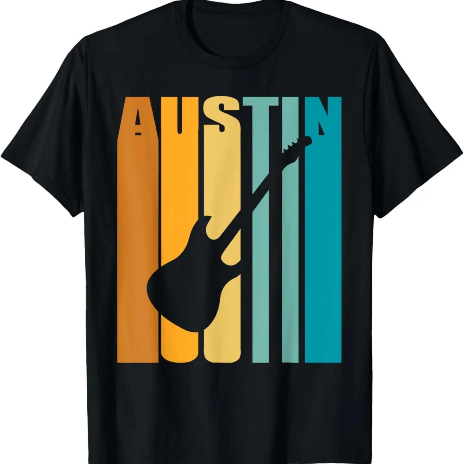 Austin Music Shirt Retro 70s Vintage Texas TX Image Guitar T-Shirt S чёрный