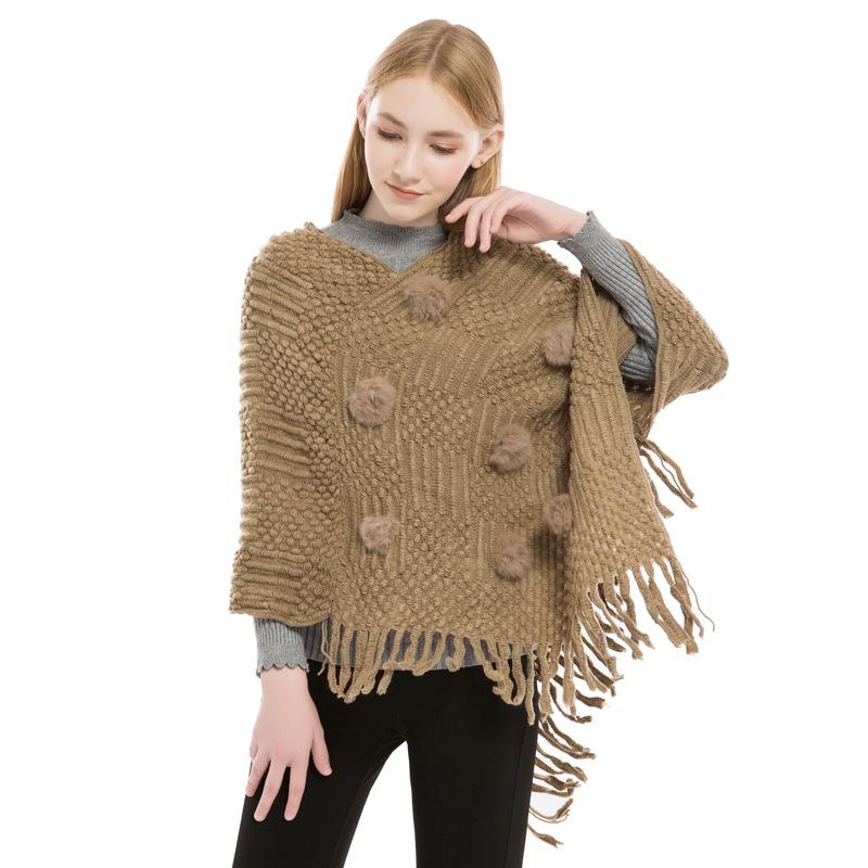 Women's Fashion Temperament Casual Hair Ball Fringe Cape Sweater Bucket Coat
