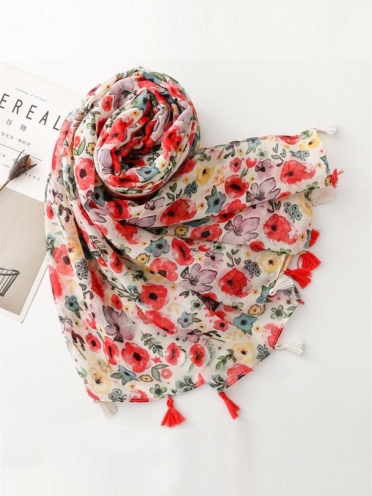 New Elegant Women Silk Scarf Beach Wrap Shawl Lady Sweet Boho Pink Floral Print Femme Hijab Bandana Mujer Vacation Scarve Pareo