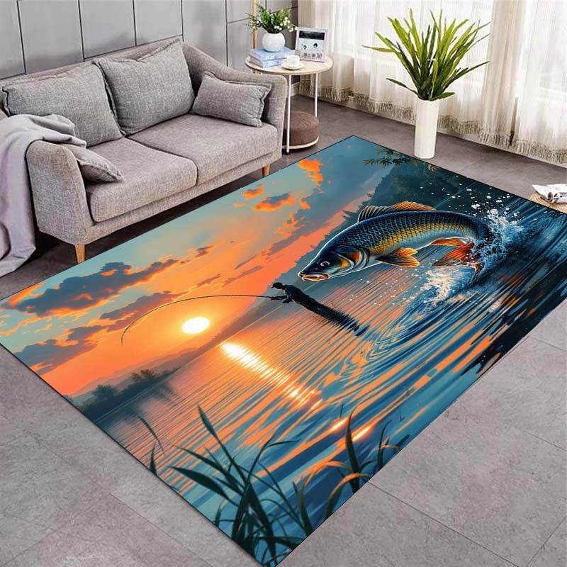 Jumping Freshwater Fish Water Splash Print Area Rug Aquatic Animal Non‑Slip Rectangular Floor Mat Living Bedroom Home Decor Rug