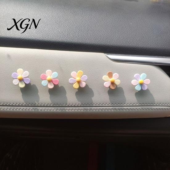 Small Car Decorations 5Pcs Colorful Shaking Flower Decor, Resin Rainbow Sunflower Dashboard Ornament Gadgets for Women with Non Slip Pad, Cute