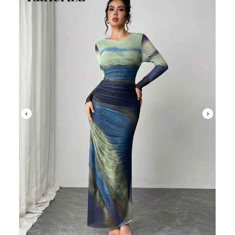 European and American Ins Style Tie-dye Pleat Slim Fit Slimming Sexy Dresses for Women Round Neck Long Sleeve High-Grade Temperament Long Dress Women
