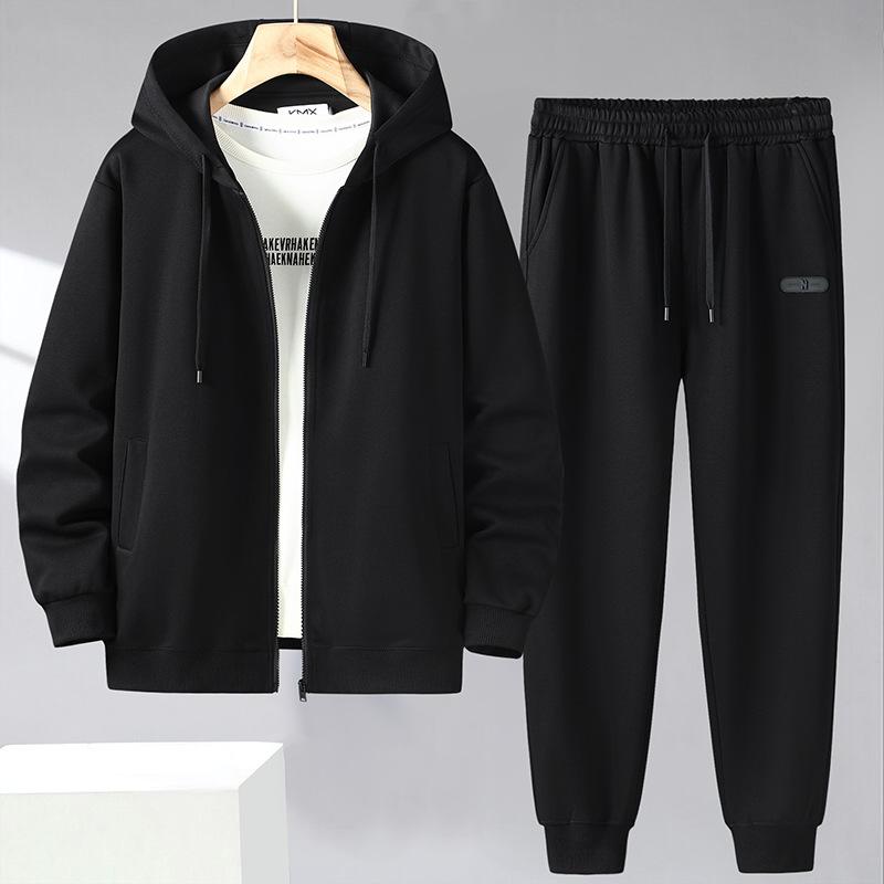 Men's Autumn Solid Color Plus Size Sports Suit Youth Hooded Jacket + Sweatpants Causal Cool Two-piece Set