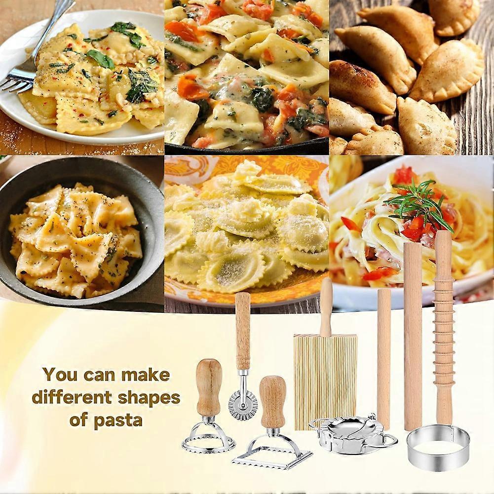 9Pcs Pasta Making Tools Set, Wooden Rolling Pin, Gnocchi Board, Ravioli Stamp Maker Cutter, Pastry Cutter Wheel