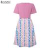 ZANZEA Women Casual Round Neck Short Sleeve Print Patchwork Dress