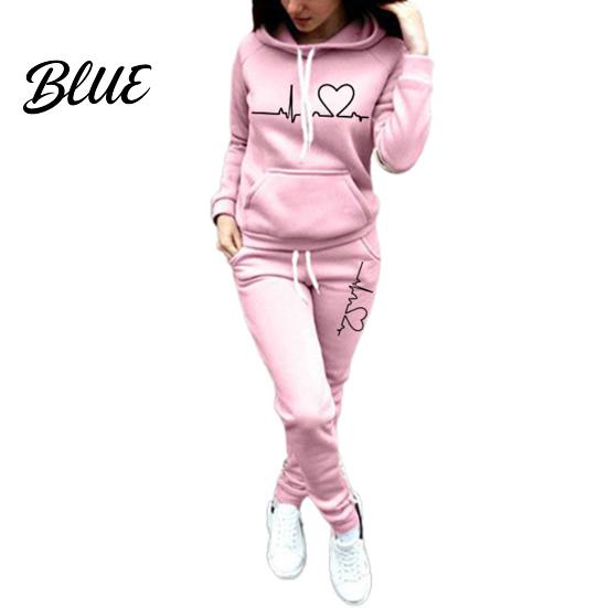 Thick 2 Pcs/Set Lady Tracksuit Heart Print Warm Hoodie Suit Breathable Solid Color for Daily Wear Autumn