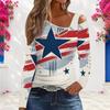 Women Plus Size Asymmetric Cutout Neck Cold Shoulder Long Sleeve Eagle Star Stripe Print Shirt