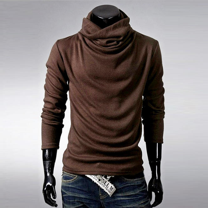 New Men Fashion T-shirt Slim Tops Male Stretch T-shirt Turtleneck Long Sleeve Shirts High Collar Men's Cotton Tees