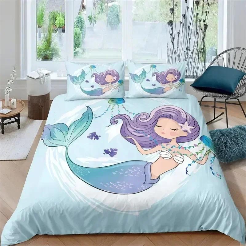 Modern Cartoon Mermaid Toddler Bedding Set Duvet Cover Sheet Printed Bed Set Pillowcase Full Queen King Size Comforter Bedroom