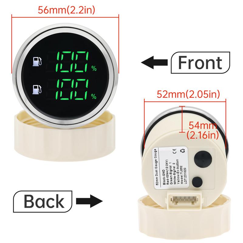 MAIMEIMI Dual Fuel Level Gauge with Flash Alarm Green LED Digital 52MM Oil Tank Meter 0-190ohm Fuel Level Sensor 100-550MM Boat