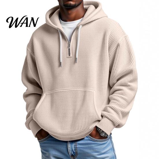 Easy Wear Versatile Outerwear Men Waffle Texture Sweatshirt, Loose Fit Long Sleeve Pullover Tops with Oversized Knit Sweatshirt for Front Pocket,
