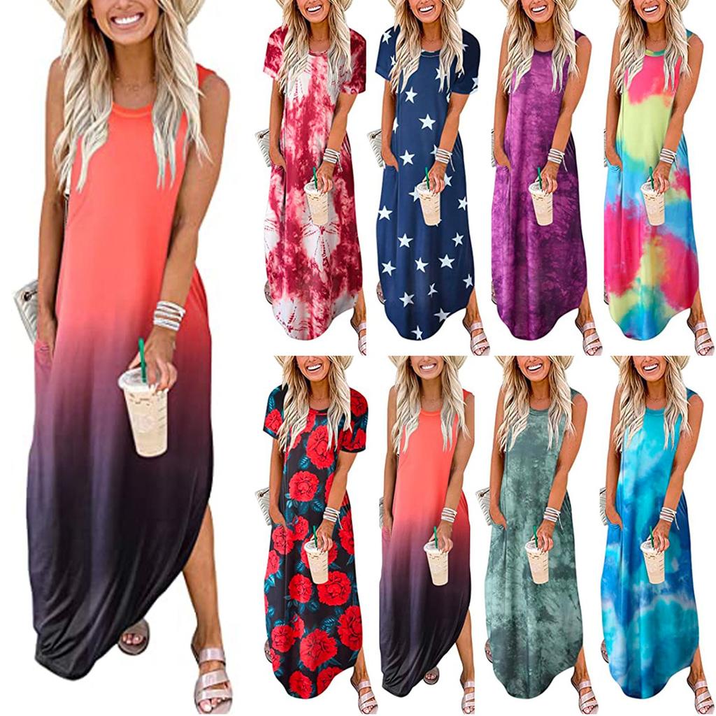 Women Casual Loose Solid Color Pocket Long Dress Sleeveless Split Maxi Dresses