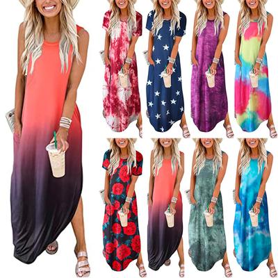 Women Casual Loose Solid Color Pocket Long Dress Sleeveless Split Maxi Dresses