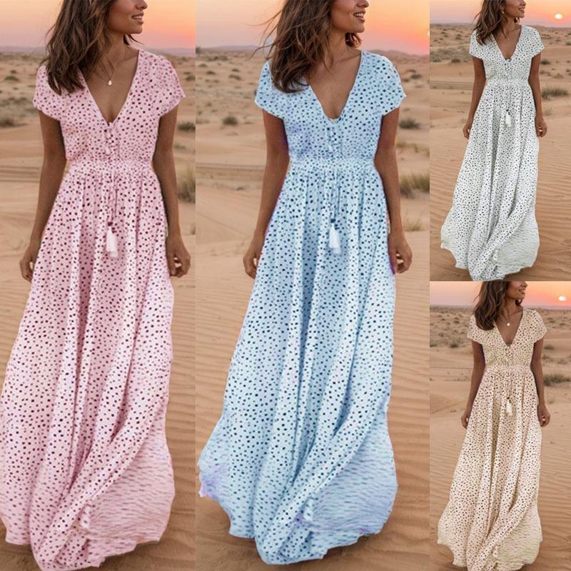 Eleganta vara cu decolteu in V maneca scurta Rochie lunga Holiday Beach Rochie Boho cu buline