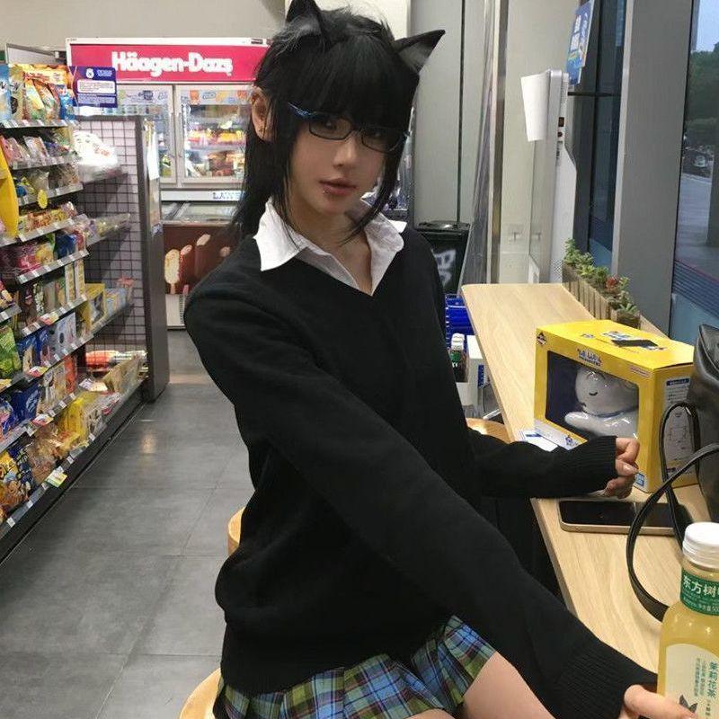 

Преппи V-образный вырез JK Форма Свитер Комплект: Демисезонная универсальная верхняя одежда с длинным рукавом для девочек M