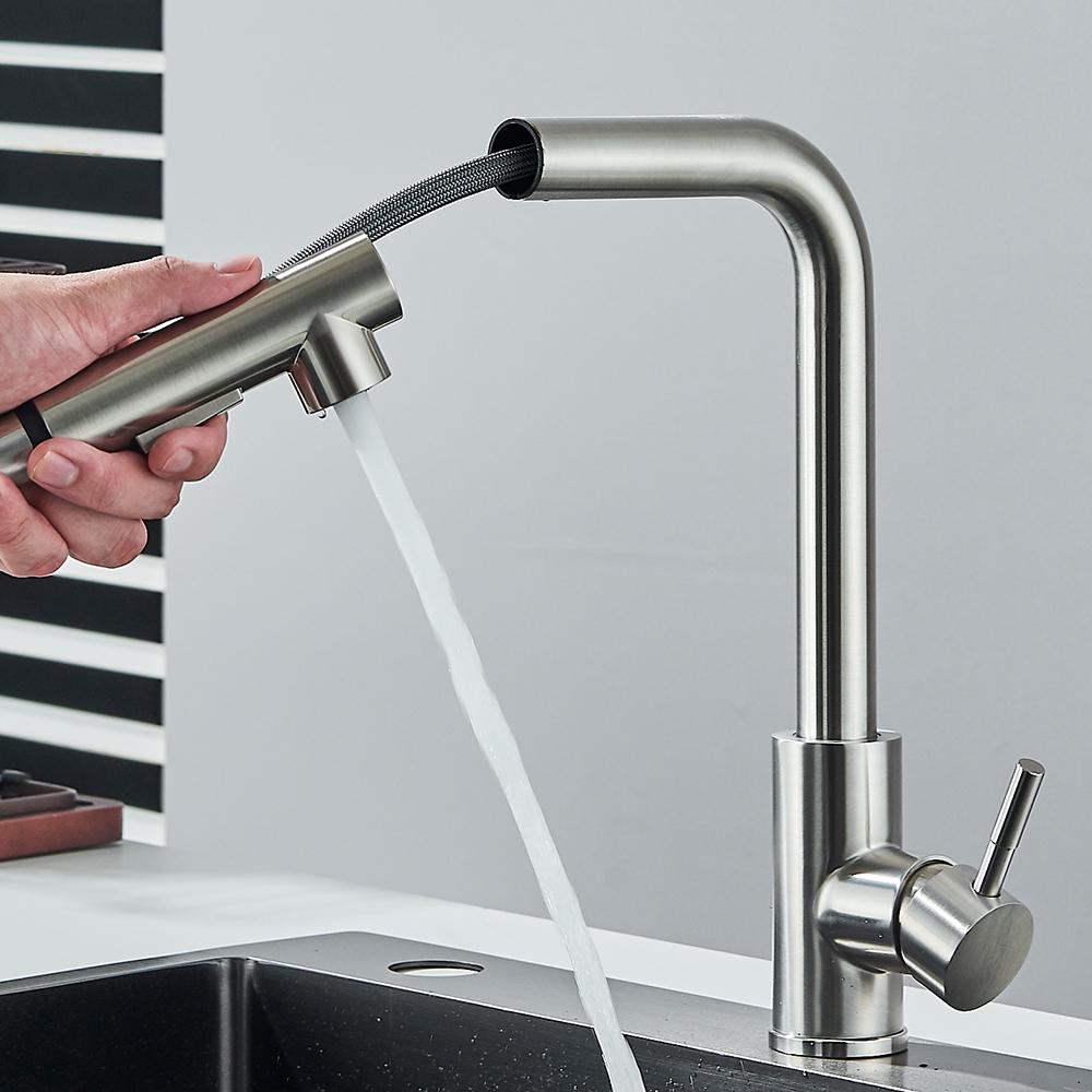 Pull Out Kitchen Sink Faucet High Pressure Two Model Stream Sprayer Nozzle Stainless Steel Tap Deck Install Hot and Cold Water