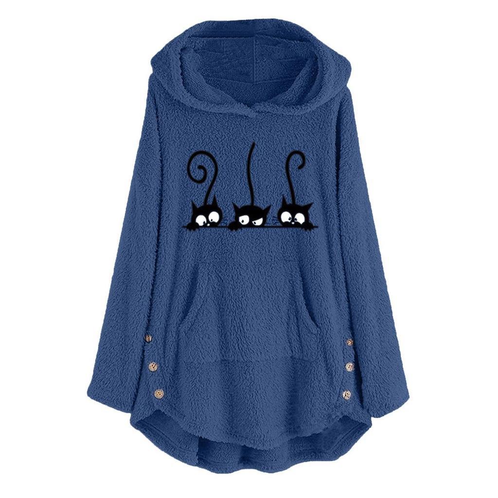 Womens Fleece Cat Embroidery Plus Size Warm Hoodie Top Button Sweater Blouse